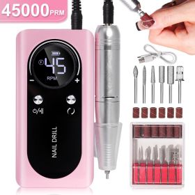 Portable Nail Drill Machine Professional 45000RPM, Rechargeable Electric Nail Drill Machine for Acrylic Nail Gel Polish Removal (Color: pink)